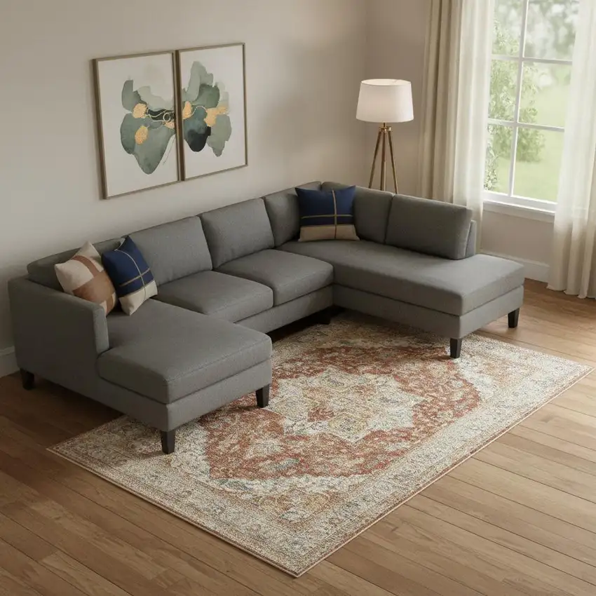 Ivory And Brown Oriental Distressed Area Rug Photo 1