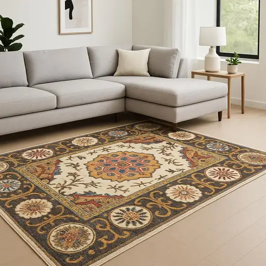 Ivory And Brown Oriental Power Loom Stain Resistant Area Rug Photo 2
