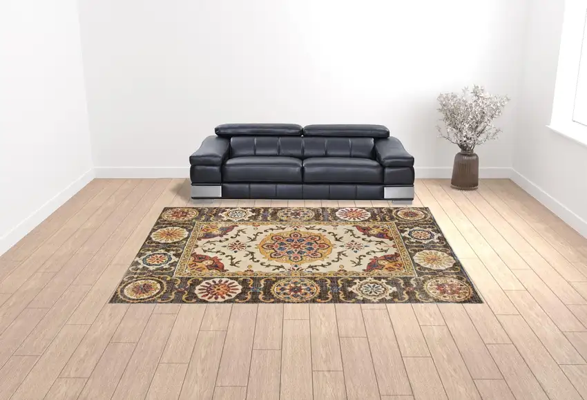 Ivory And Brown Oriental Power Loom Stain Resistant Area Rug Photo 2