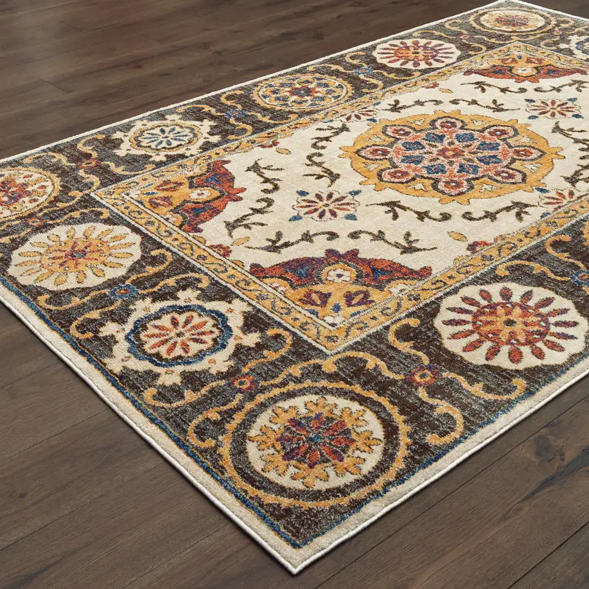Ivory And Brown Oriental Power Loom Stain Resistant Area Rug Photo 4