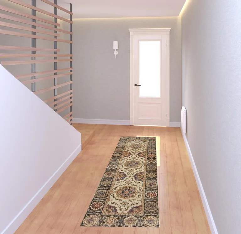Ivory And Brown Oriental Power Loom Stain Resistant Runner Rug Photo 2