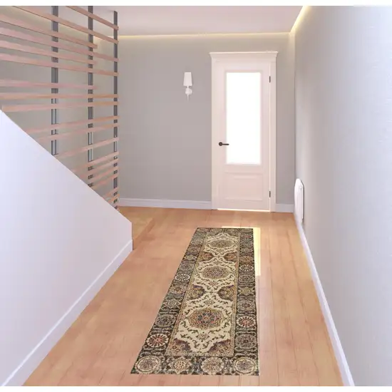 Ivory And Brown Oriental Power Loom Stain Resistant Runner Rug Photo 2