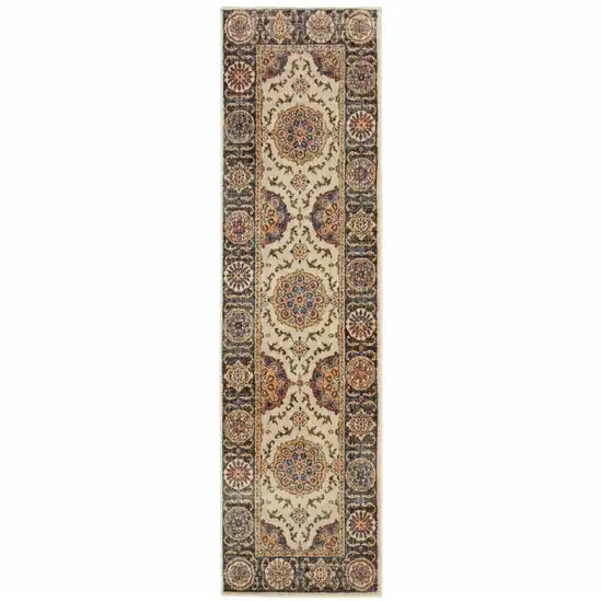 Ivory And Brown Oriental Power Loom Stain Resistant Runner Rug Photo 1