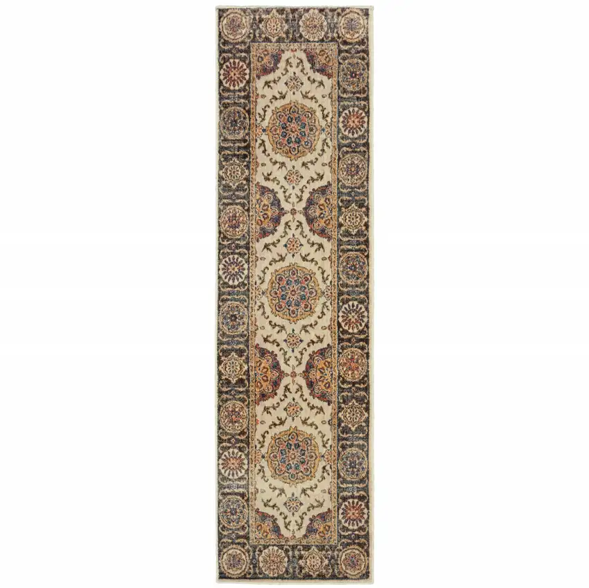 Ivory And Brown Oriental Power Loom Stain Resistant Runner Rug Photo 1