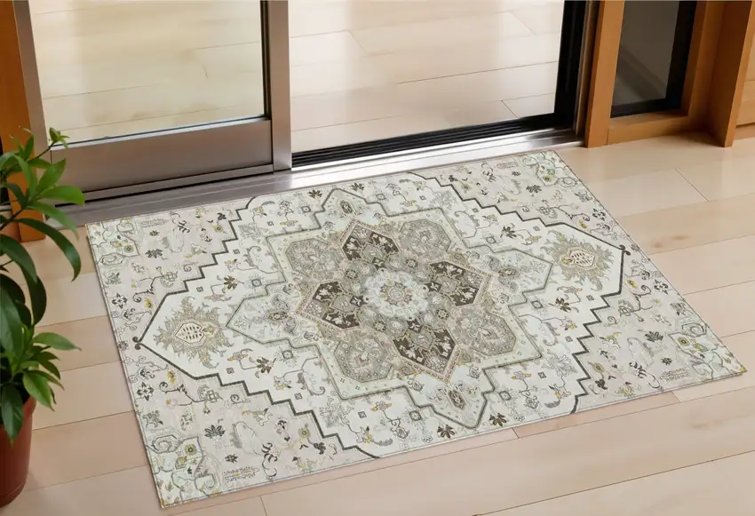 Ivory And Brown Oriental Washable Indoor Outdoor Area Rug Photo 1