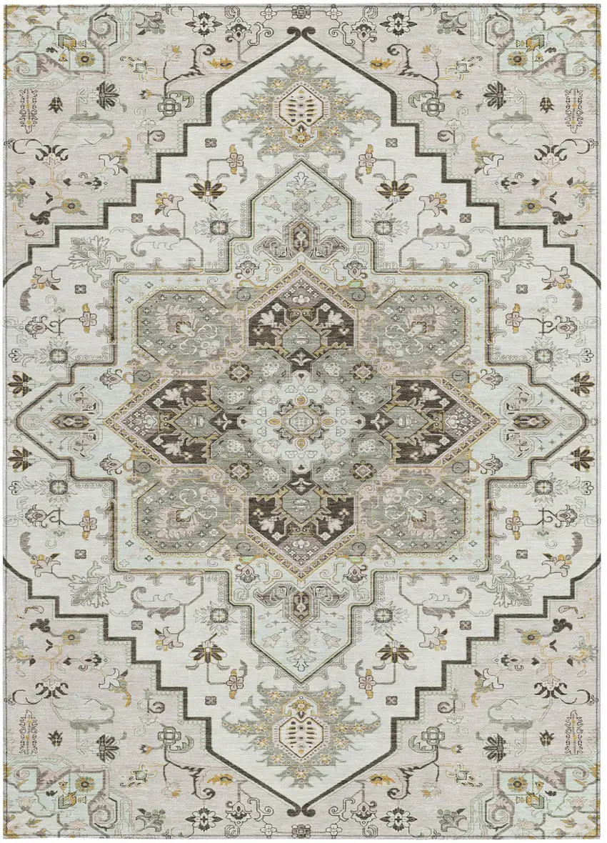Ivory And Brown Oriental Washable Indoor Outdoor Area Rug Photo 8