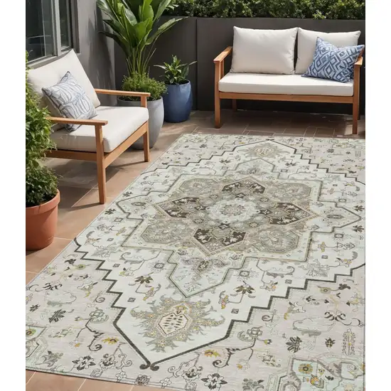 Ivory And Brown Oriental Washable Indoor Outdoor Area Rug Photo 1