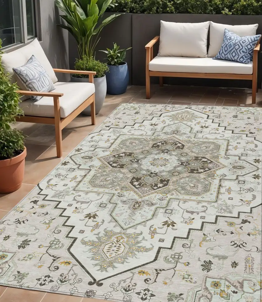Ivory And Brown Oriental Washable Indoor Outdoor Area Rug Photo 1