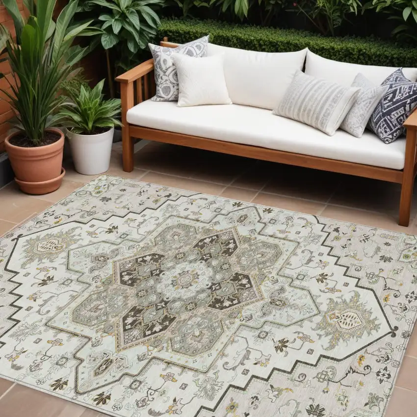 Ivory And Brown Oriental Washable Indoor Outdoor Area Rug Photo 1
