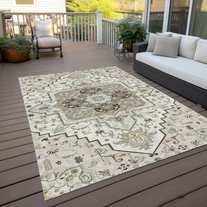 Ivory And Brown Oriental Washable Indoor Outdoor Area Rug Photo 9