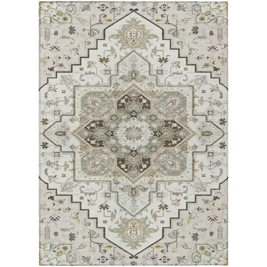 Ivory And Brown Oriental Washable Indoor Outdoor Area Rug Photo 2