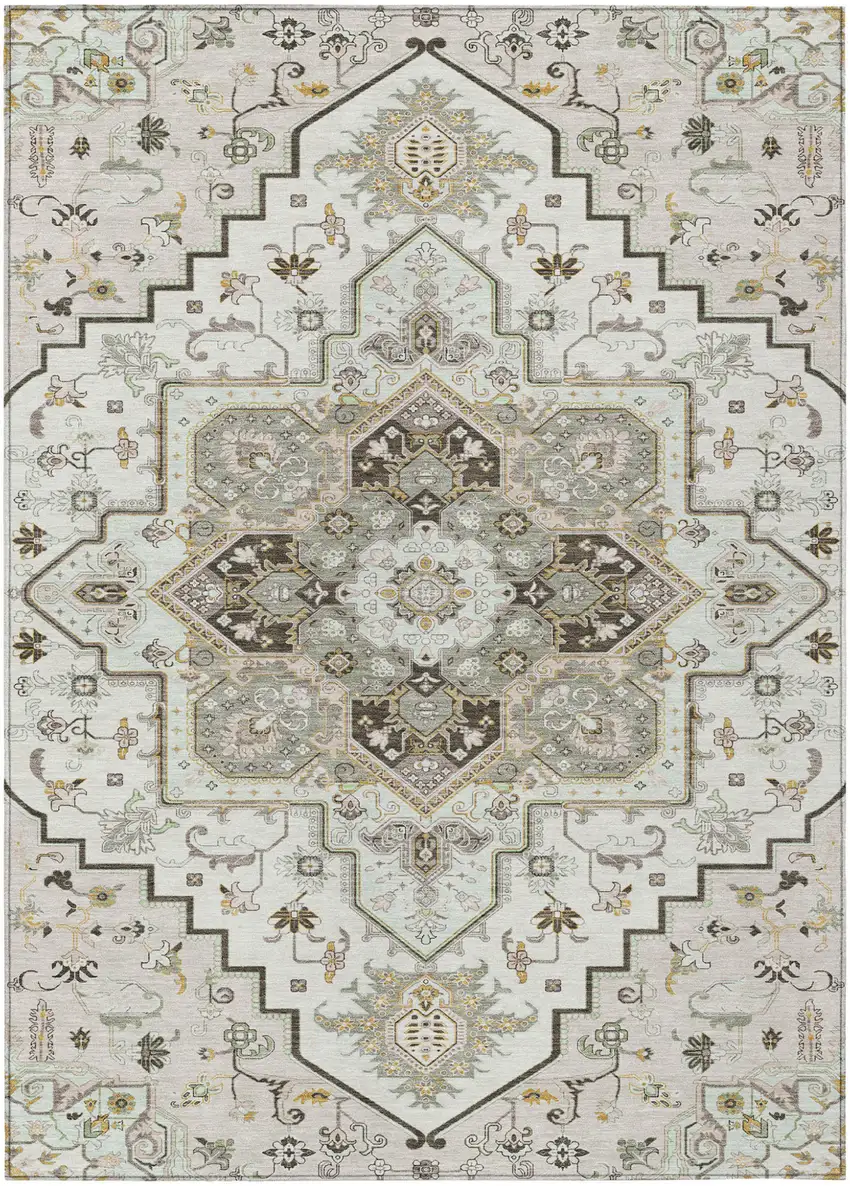 Ivory And Brown Oriental Washable Indoor Outdoor Area Rug Photo 2