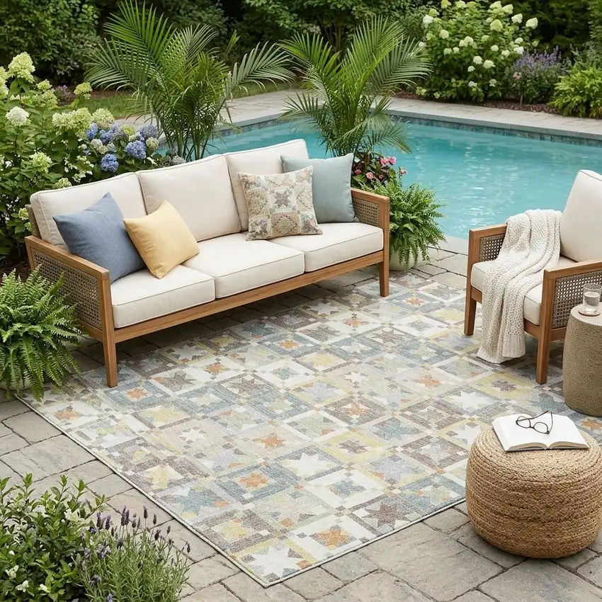 Ivory And Brown Patchwork Washable Indoor Outdoor Area Rug Photo 1
