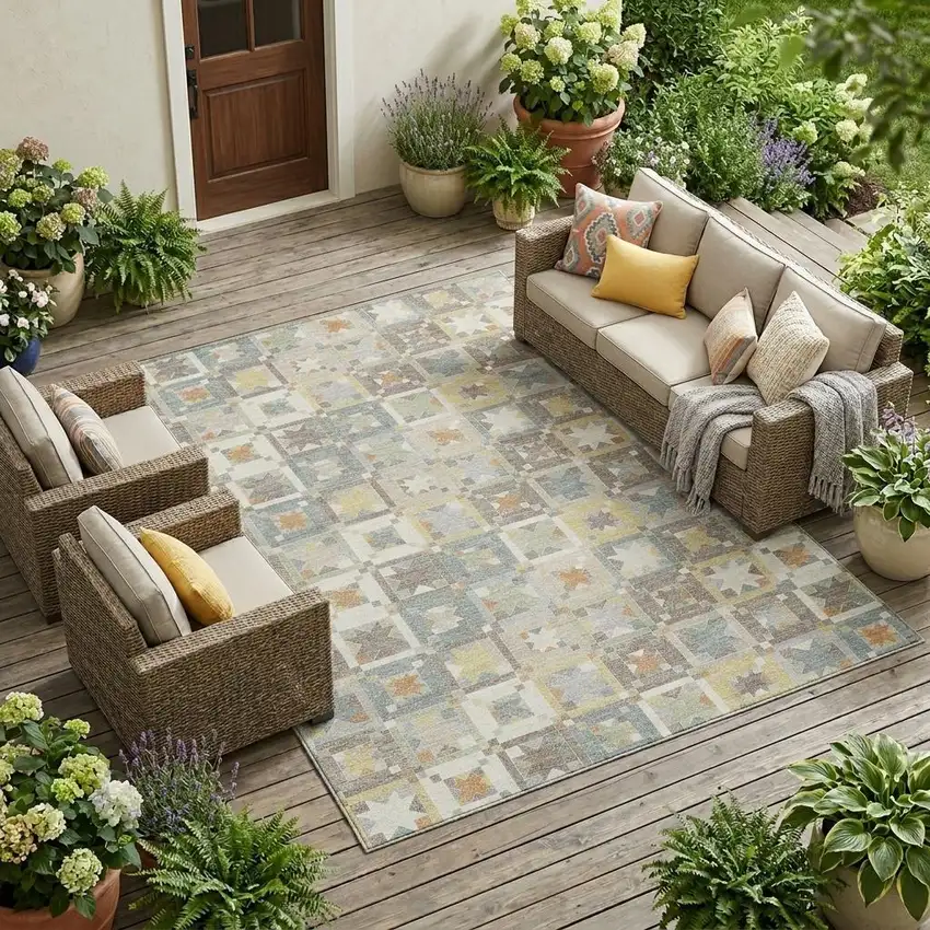 Ivory And Brown Patchwork Washable Indoor Outdoor Area Rug Photo 1