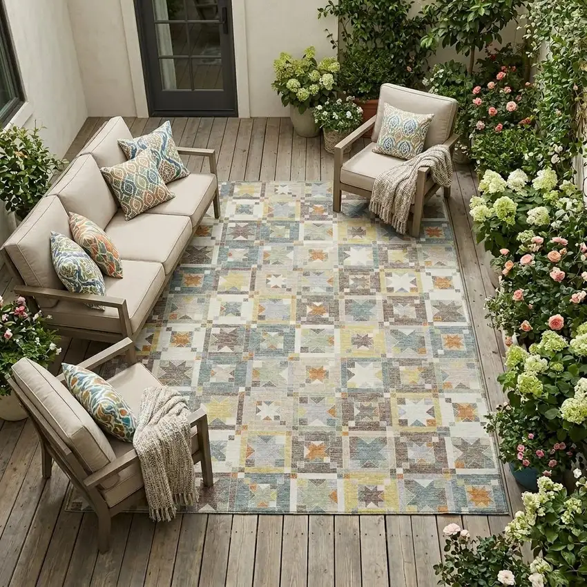 Ivory And Brown Patchwork Washable Indoor Outdoor Area Rug Photo 1