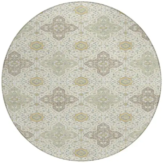 Ivory And Brown Round Damask Washable Indoor Outdoor Area Rug Photo 3