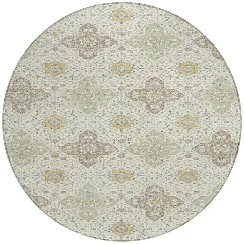 Ivory And Brown Round Damask Washable Indoor Outdoor Area Rug Photo 3