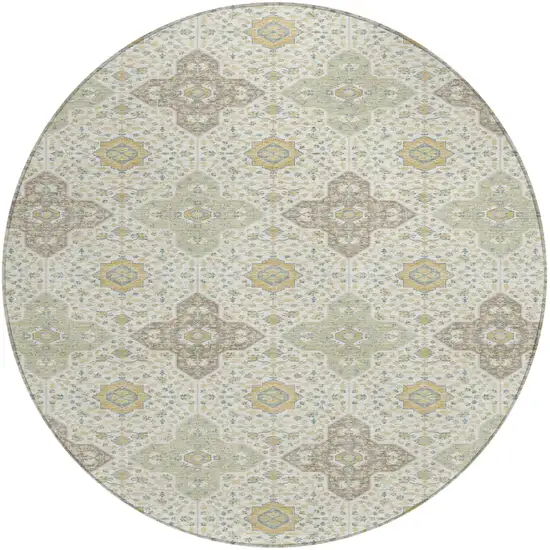 Ivory And Brown Round Damask Washable Indoor Outdoor Area Rug Photo 1