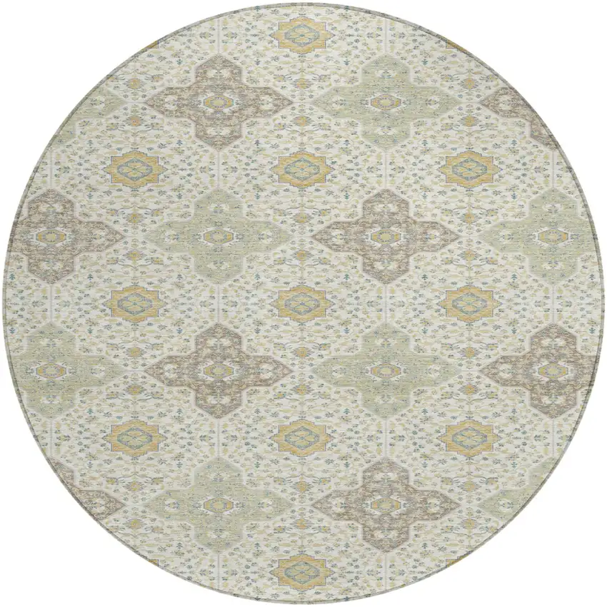 Ivory And Brown Round Damask Washable Indoor Outdoor Area Rug Photo 1