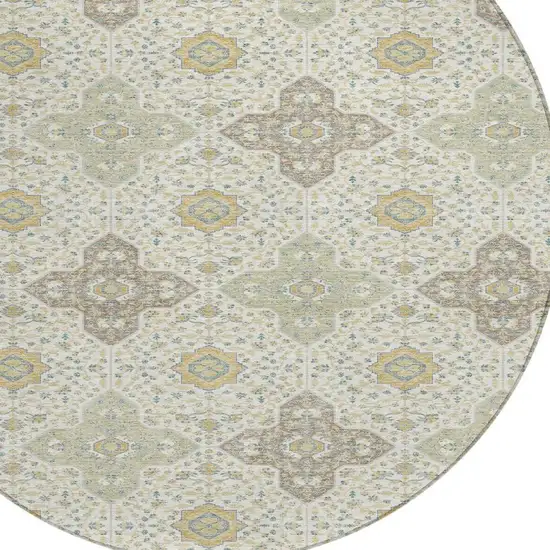 Ivory And Brown Round Damask Washable Indoor Outdoor Area Rug Photo 2
