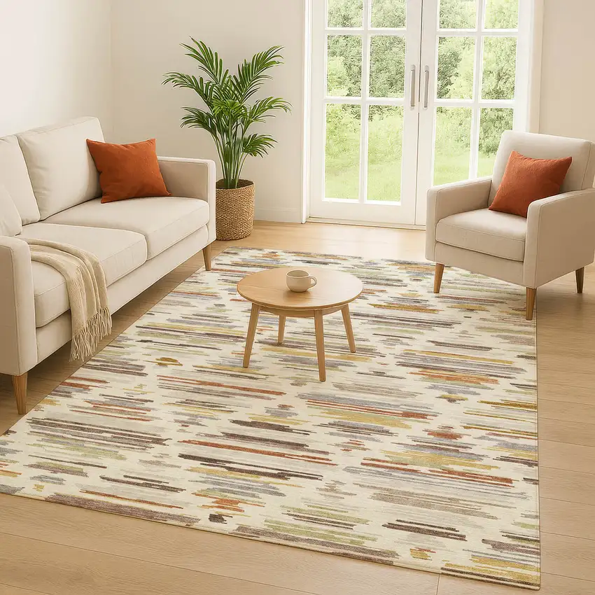 Ivory And Brown Southwestern Washable Indoor Outdoor Area Rug Photo 5