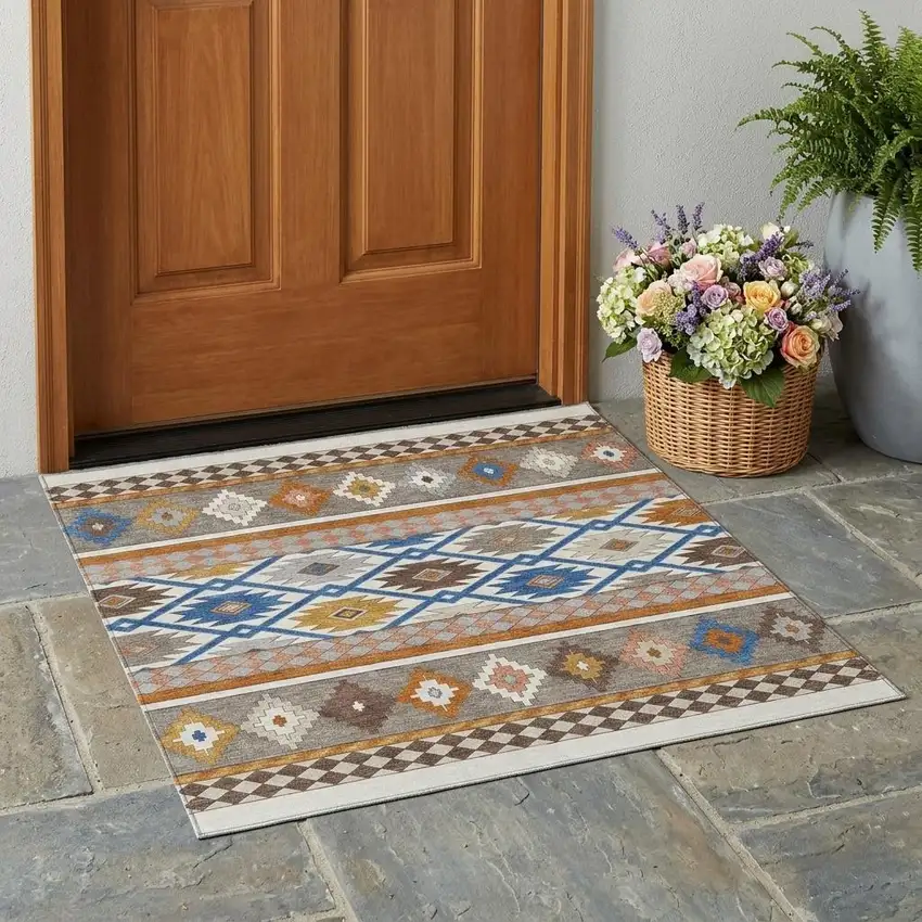 Ivory And Brown Southwestern Washable Indoor Outdoor Area Rug Photo 1