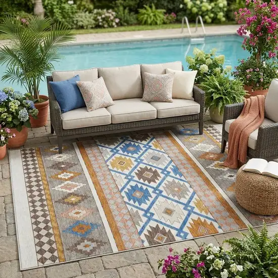 Ivory And Brown Southwestern Washable Indoor Outdoor Area Rug Photo 1