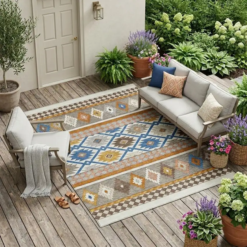 Ivory And Brown Southwestern Washable Indoor Outdoor Area Rug Photo 1