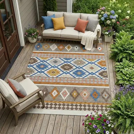 Ivory And Brown Southwestern Washable Indoor Outdoor Area Rug Photo 1