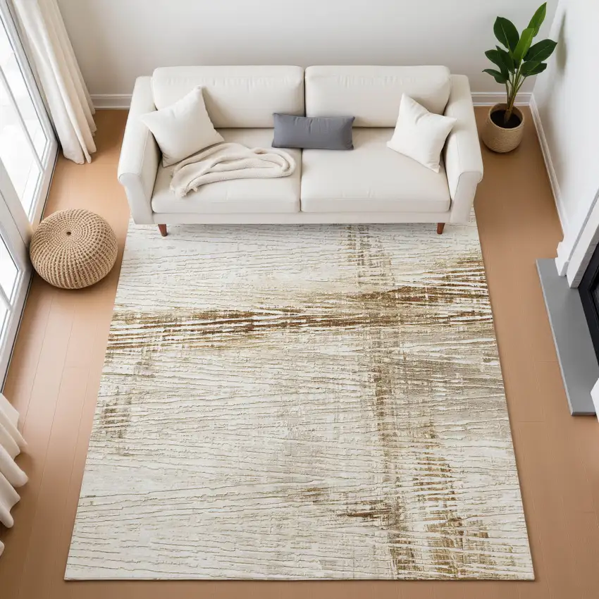 Ivory And Brown Striped Washable Area Rug With UV Protection Photo 4