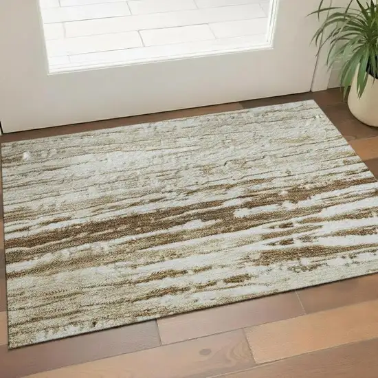 Ivory And Brown Striped Washable Area Rug With UV Protection Photo 2