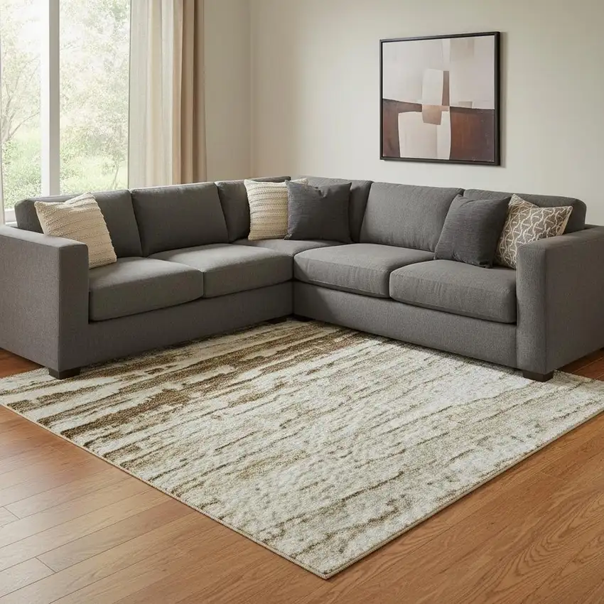 Ivory And Brown Striped Washable Area Rug With UV Protection Photo 2