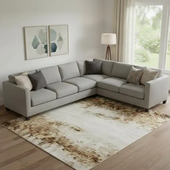 Ivory And Brown Striped Washable Area Rug With UV Protection Photo 2