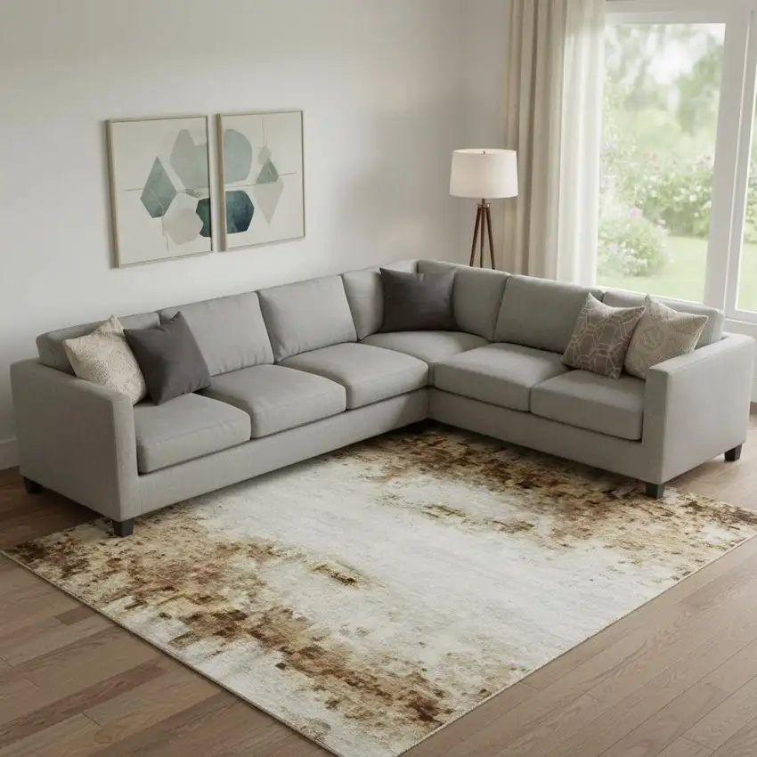 Ivory And Brown Striped Washable Area Rug With UV Protection Photo 2