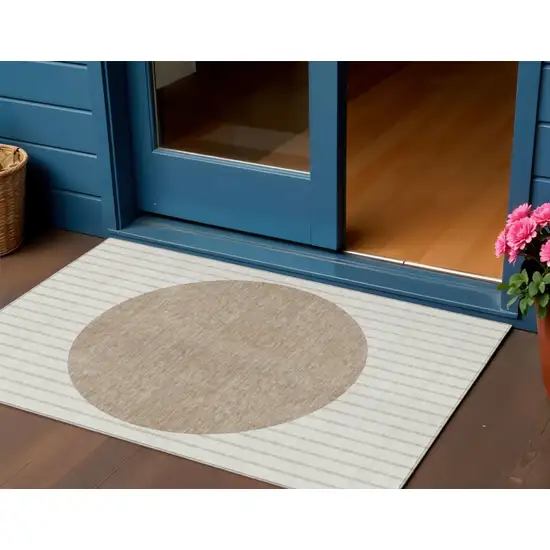 Ivory And Brown Striped Washable Indoor Outdoor Area Rug Photo 1