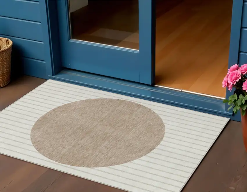 Ivory And Brown Striped Washable Indoor Outdoor Area Rug Photo 1