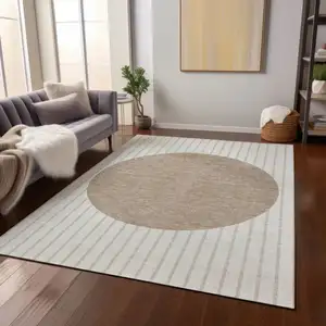Photo of Ivory And Brown Striped Washable Indoor Outdoor Area Rug