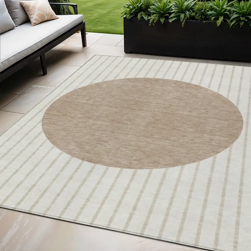 Ivory And Brown Striped Washable Indoor Outdoor Area Rug Photo 1