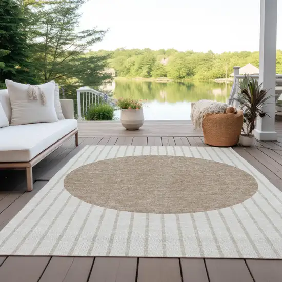 Ivory And Brown Striped Washable Indoor Outdoor Area Rug Photo 9