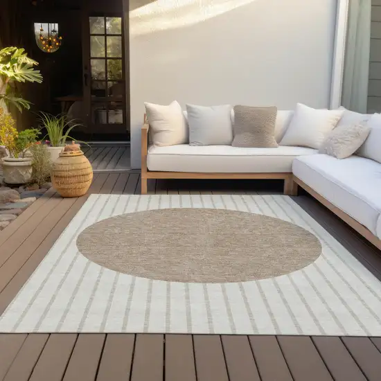 Ivory And Brown Striped Washable Indoor Outdoor Area Rug Photo 6
