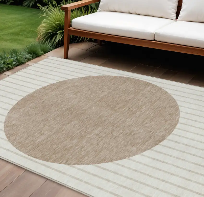 Ivory And Brown Striped Washable Indoor Outdoor Area Rug Photo 1