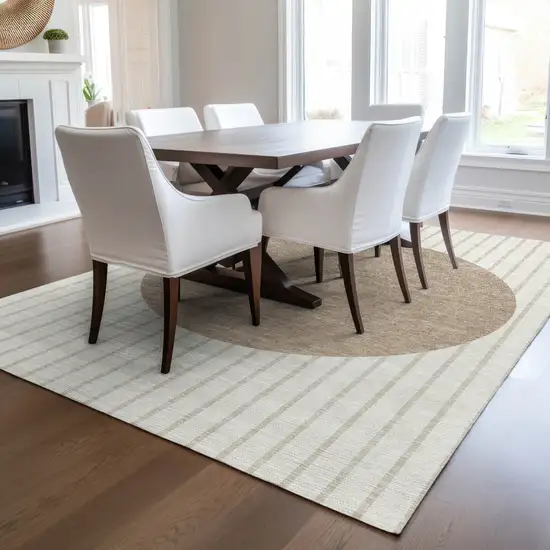 Ivory And Brown Striped Washable Indoor Outdoor Area Rug Photo 8