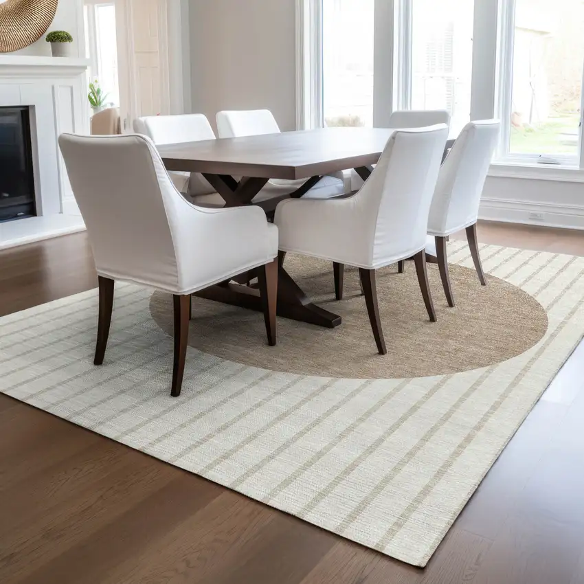 Ivory And Brown Striped Washable Indoor Outdoor Area Rug Photo 8