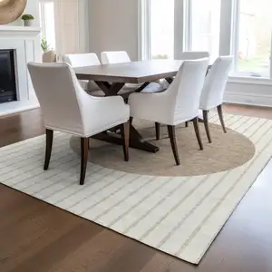 Photo of Ivory And Brown Striped Washable Indoor Outdoor Area Rug