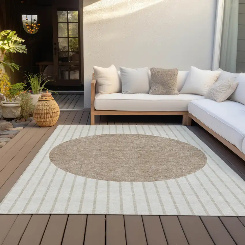 Ivory And Brown Striped Washable Indoor Outdoor Area Rug Photo 7
