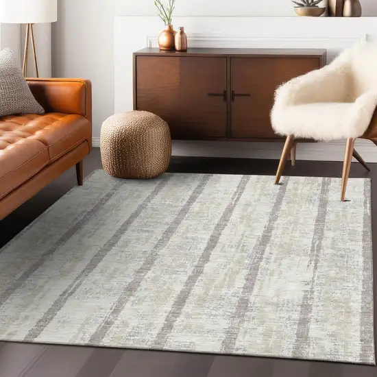 Ivory And Brown Striped Washable Indoor Outdoor Area Rug Photo 9