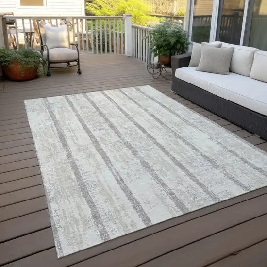 Ivory And Brown Striped Washable Indoor Outdoor Area Rug Photo 8