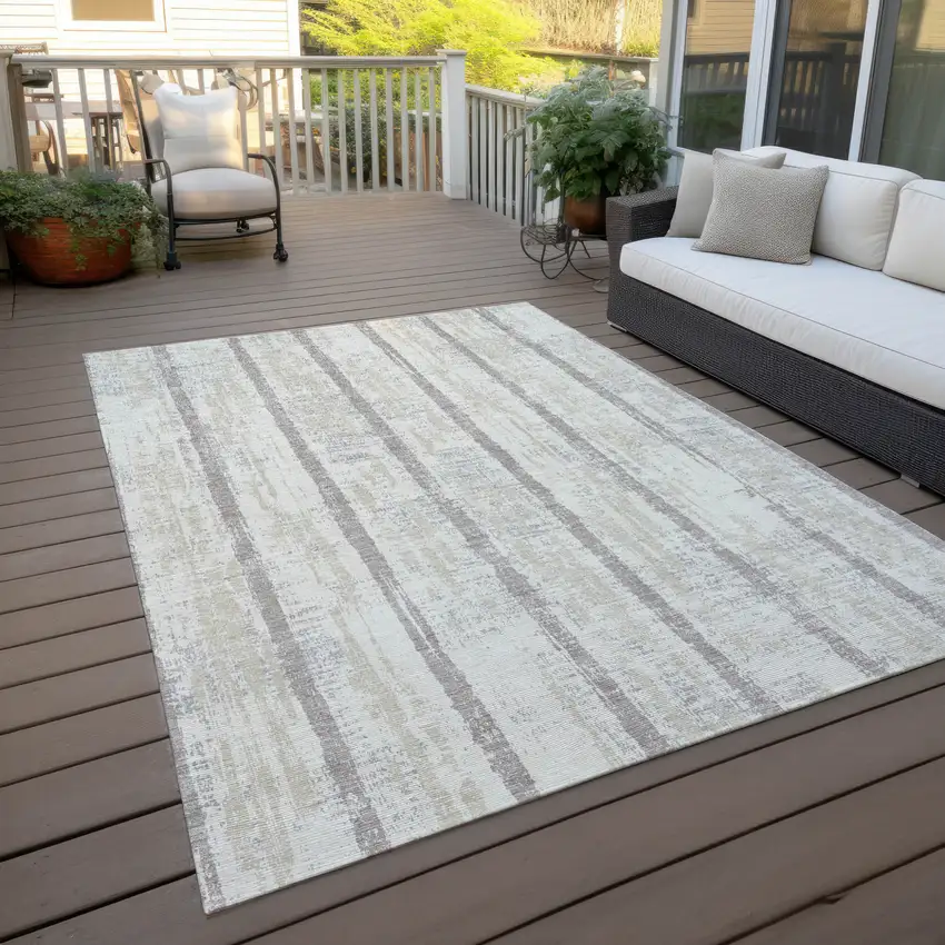 Ivory And Brown Striped Washable Indoor Outdoor Area Rug Photo 8
