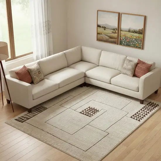 Ivory And Brown Wool Abstract Hand Knotted Area Rug Photo 1