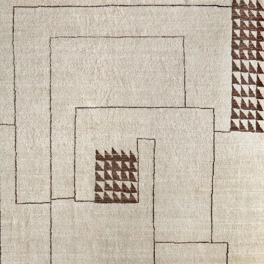 Ivory And Brown Wool Abstract Hand Knotted Area Rug Photo 4